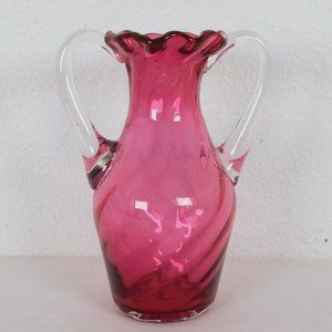 Handblown Clear Cranberry Swirled Glass Vase Ruffled Rim Double Handled 8.25"